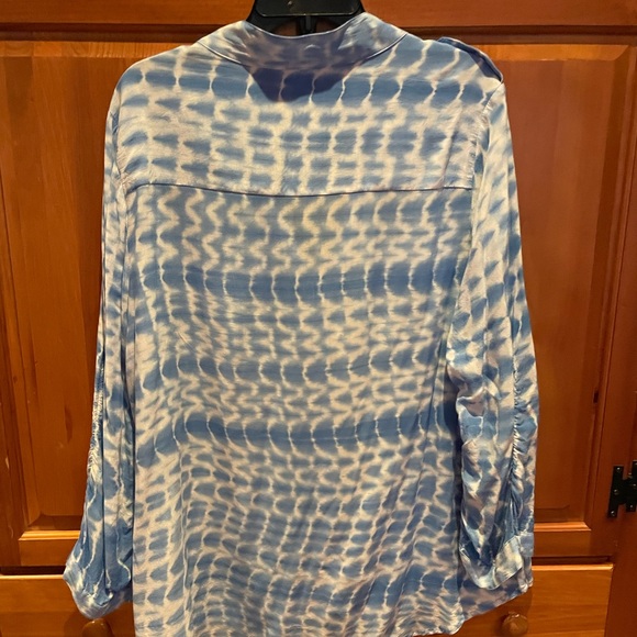 Blouse is a buttery soft blue and white tie-dye with roll up sleeves. - Picture 3 of 8